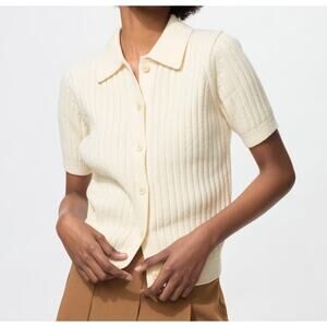 Uniqlo Ribbed Polo Short Sleeve Cardigan in Off White